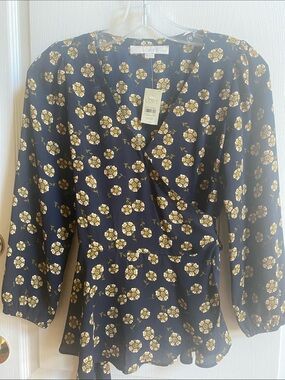 LOFT Navy Floral Wrap Top with Tie Waist